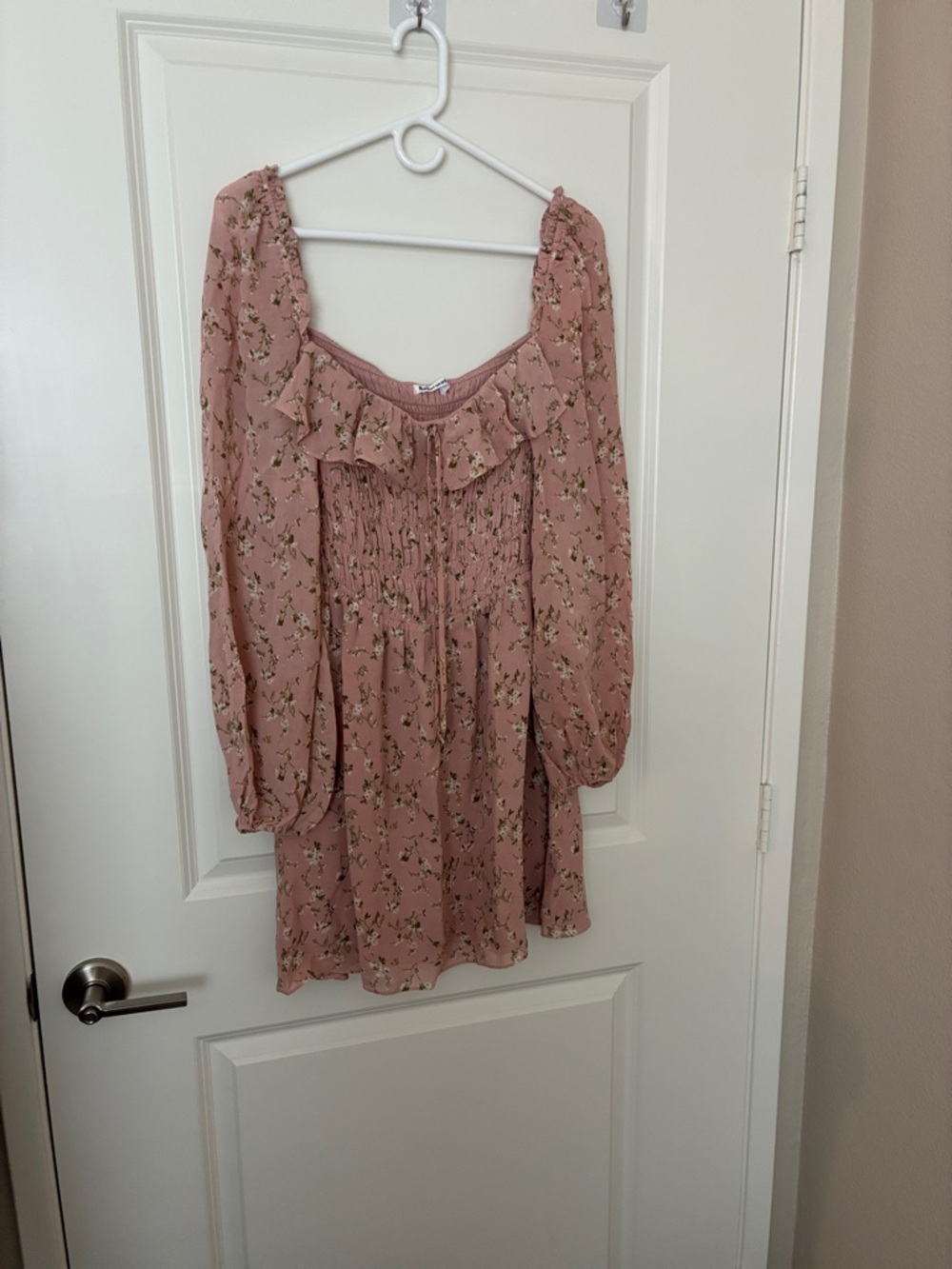 Reformation Mauve Pink Flower Ruffle Off Shoulder Ruching Dress
